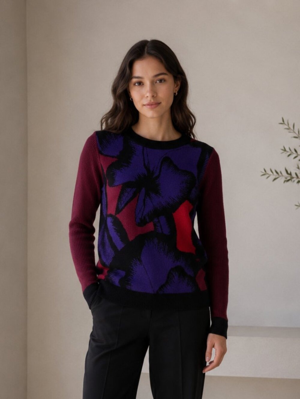 Diane von Furstenberg Floral Intarsia 100% Wool Crewneck Sweater Burgundy S 0571